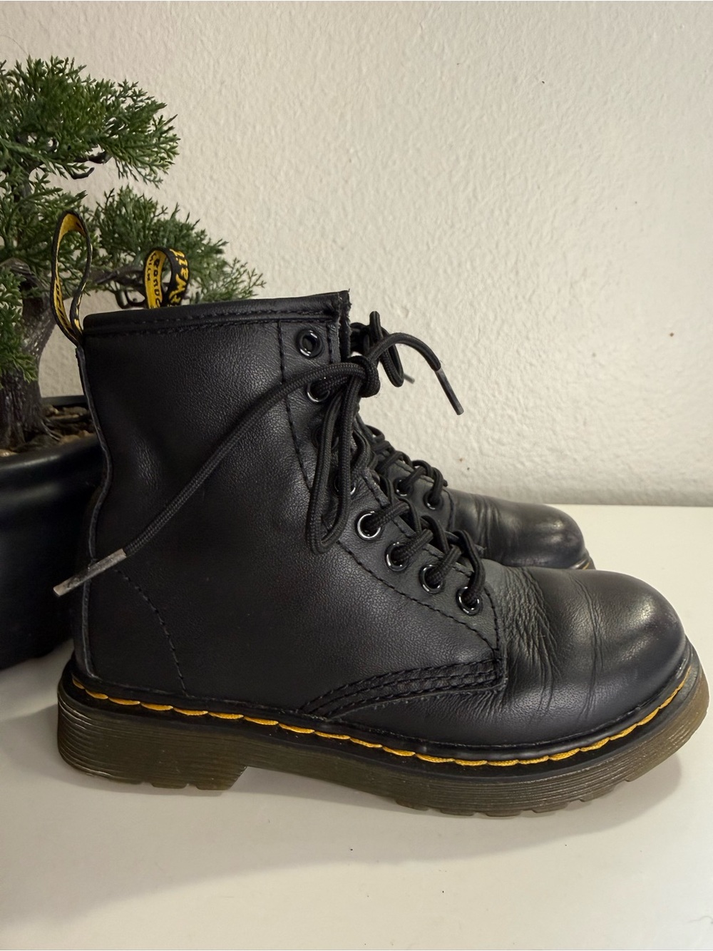 Dr. Martens 1460 Kids size 11 black  Leather Lace-Up Ankle Boots with Yellow